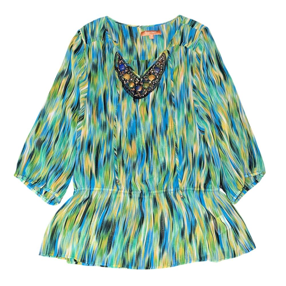 Ellen Tracy Women Med Beaded V-Neck Chiffon Blouse Abstract Print Blue Green NWT
